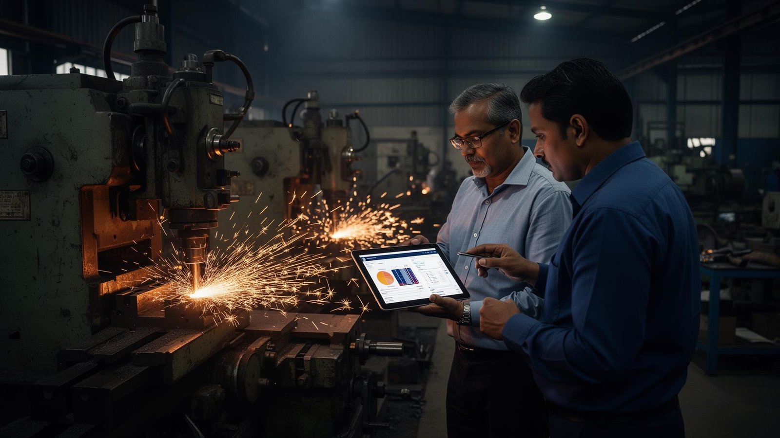 MSME factory owner and operations manager reviewing live machine data on a tablet