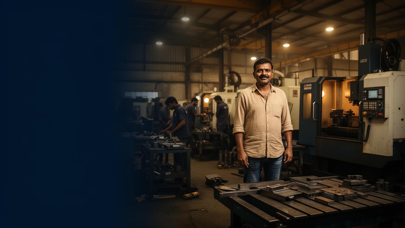 Indian MSME manufacturing factory owner standing proudly on his shop floor